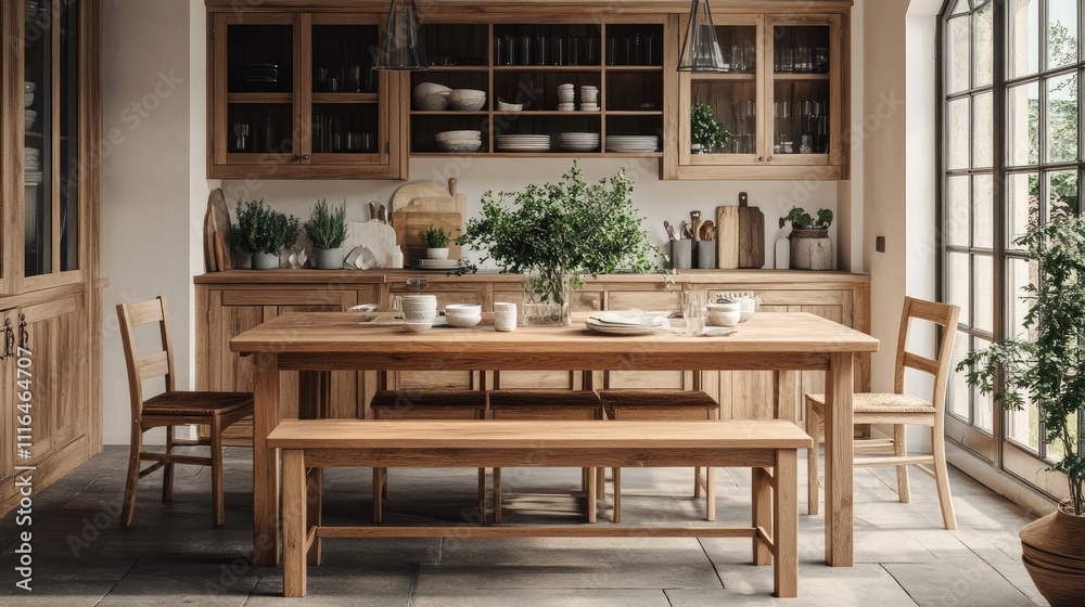 Fototapeta premium Solid wood dining set with a bench and chairs, styled with neutral tableware and greenery in a farmhouse kitchen