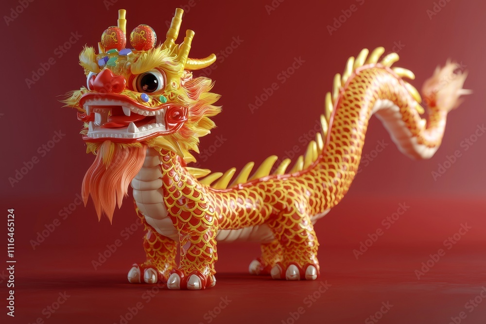 Obraz premium A colorful, detailed toy dragon figurine with vibrant yellow and red tones, perfect for celebrations.