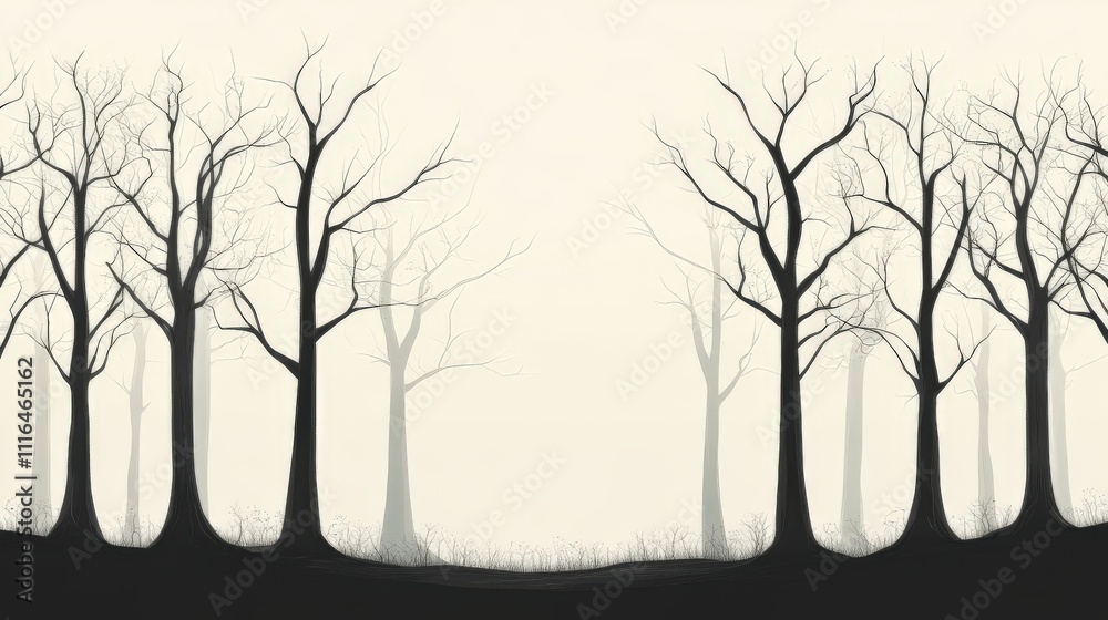Obraz premium A minimalist silhouette of barren trees against a muted background, evoking a sense of stillness and solitude in nature.