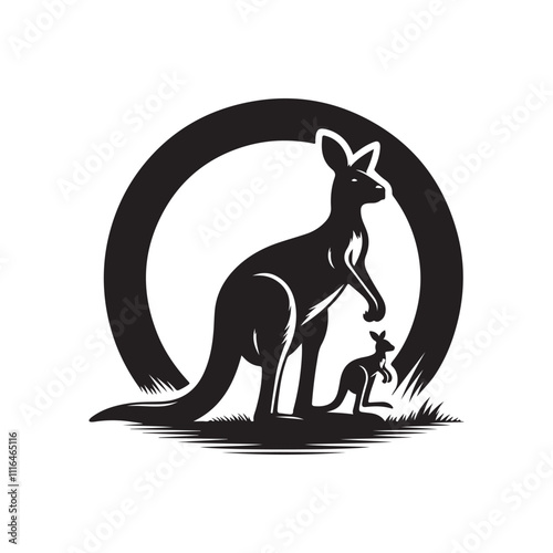 Kangaroo with a joey silhouette vector art black color design and solid white background 