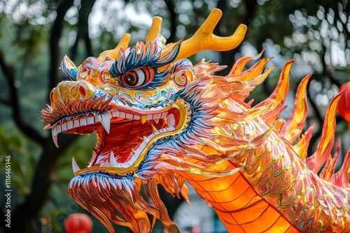 Vibrant dragon statue with intricate details, symbolizing strength and celebration during festivities. photo