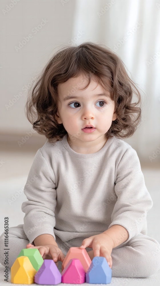 Fototapeta premium A curious child with curly hair plays with colorful building blocks on a soft surface, showcasing a moment of creativity and exploration.