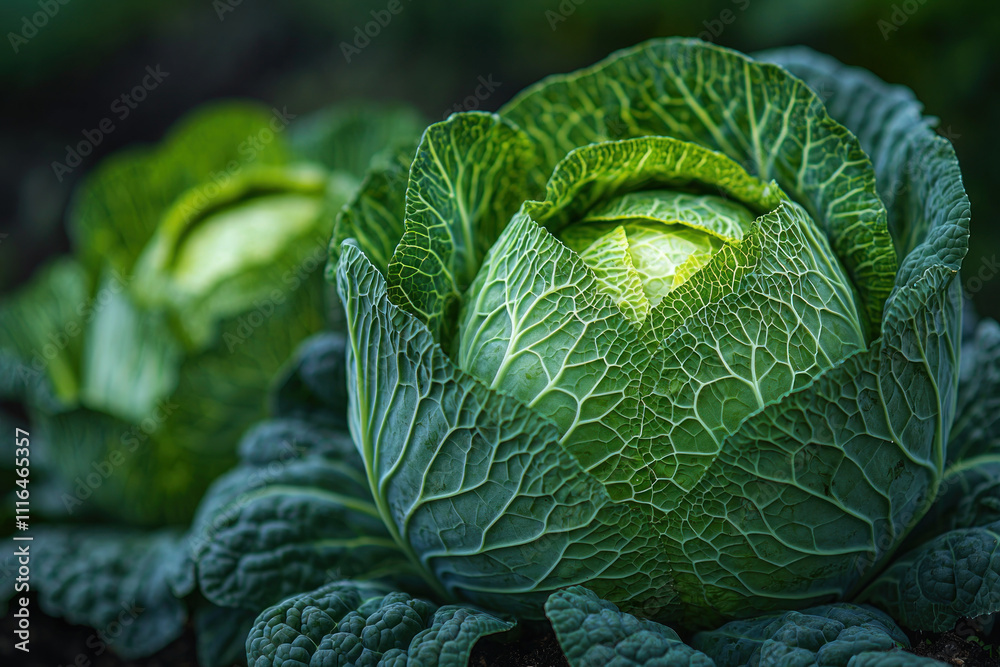 Obraz premium Close-up of fresh green cabbage growing in the field.