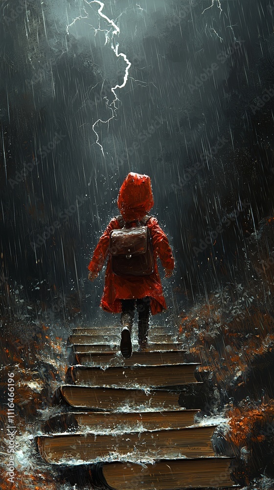 Fototapeta premium A young child climbing step made with books, illustration imagination and exploring worlds through reading.