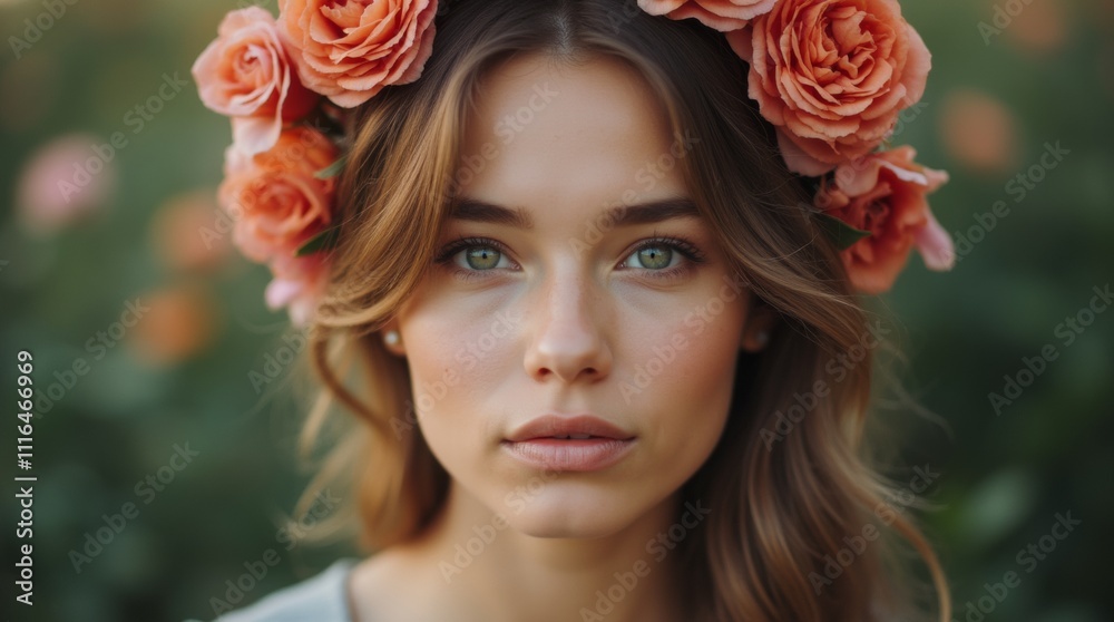Naklejka premium Young woman with flowers around her head.