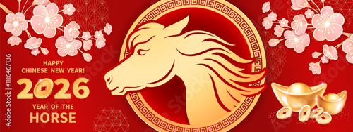 Red Fire Horse is a symbol of the 2026 Chinese New Year. Horizontal banner with realistic gold ingots Yuan Bao, coins and sakura flowers on red background. Holiday vector illustration of Zodiac Sign