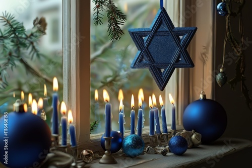 A serene window display featuring blue ornaments and a Star of David, symbolizing Hanukkah celebrations. photo