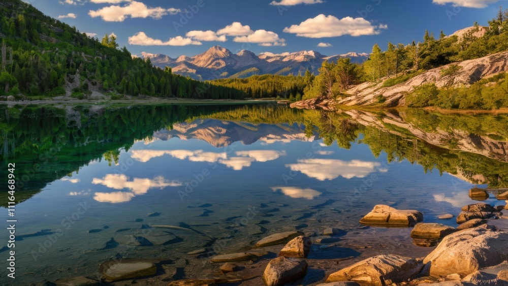 Naklejka premium A lake with crystal clear water reflecting the surrounding lush green forests and rocky terrain. There are mountains and a few trees in the distance, and a few fluffy clouds in the sky above them.