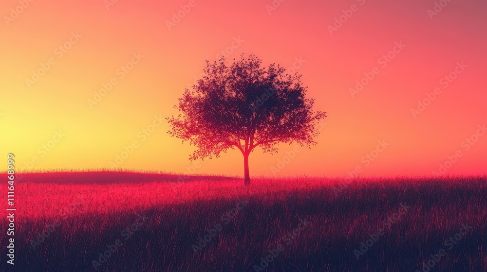 Fototapeta premium A solitary tree stands against a vibrant sunset, casting a serene silhouette over a grassy landscape, evoking tranquility and natural beauty.