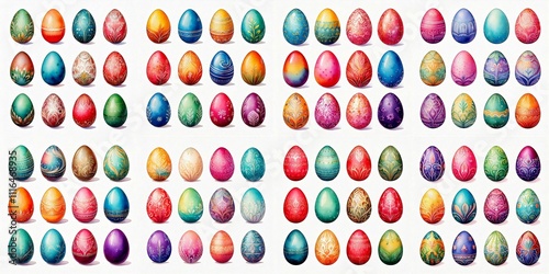 Set of Easter eggs set watercolor template for design. Watercolour illustration for Easter holidays design on white background. Bright color