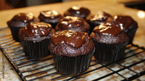 Eight delicious chocolate cupcakes with rich chocolate frosting, cooling on a wire rack.