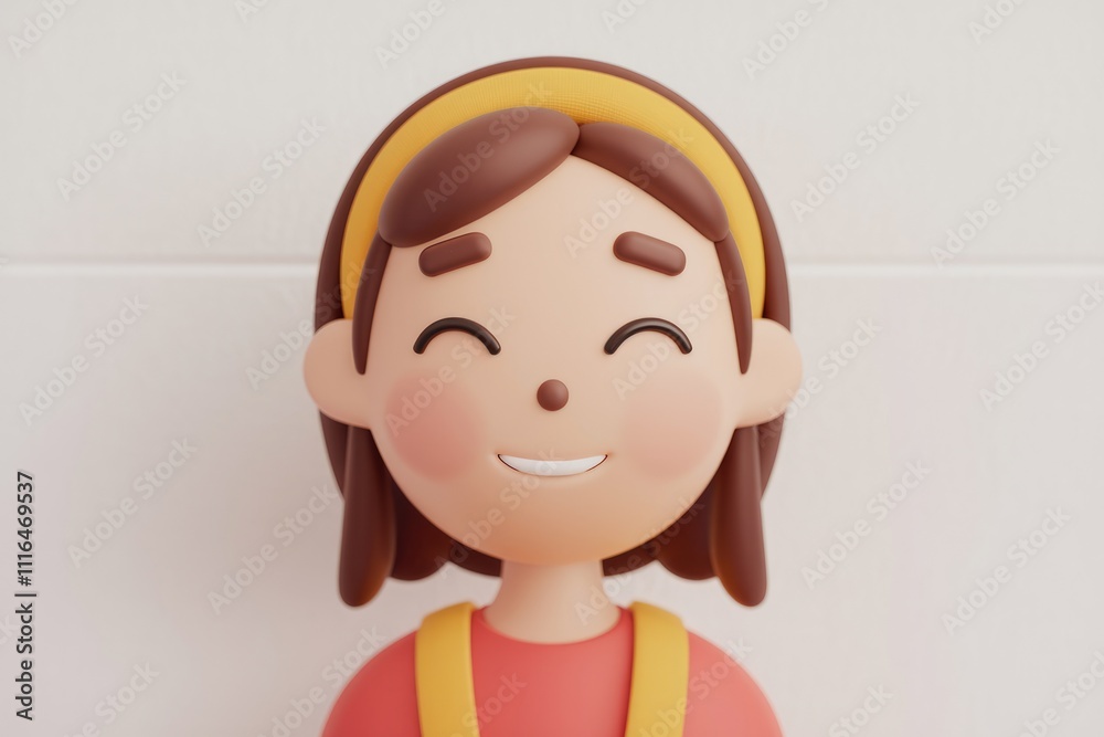 A cheerful 3D rendered cartoon girl with brown hair and a yellow headband smiles happily. A cheerful 3D rendered cartoon girl with brown hair and a yellow headband smiles happily.
