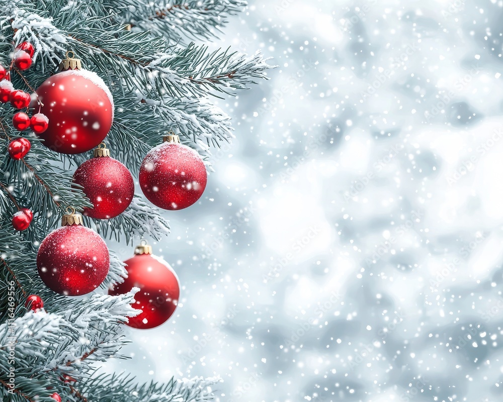 Naklejka premium Glistening red ornaments hang from a snowy evergreen branch, creating a festive and cheerful holiday atmosphere.
