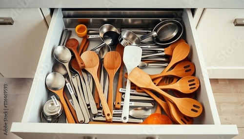 A kitchen drawer with various cooking utensils and tools neatly organized in compartments, organized kitchen drawer, cutlery in drawer, multicolored utensils, created with generative ai