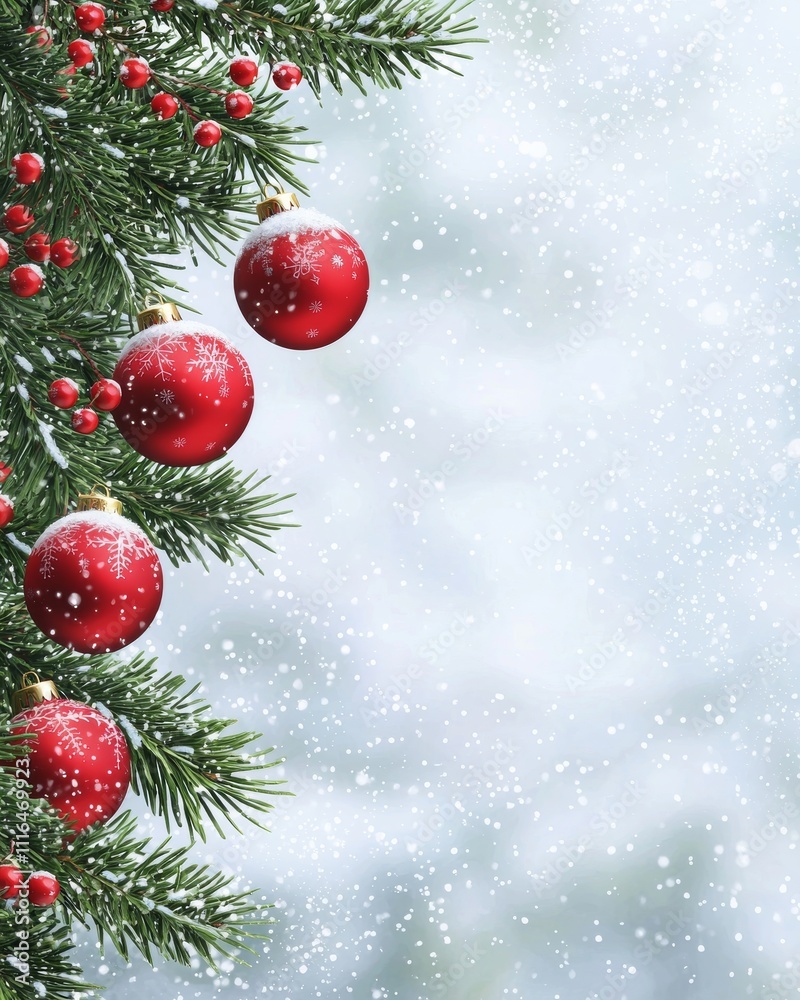 Festive Christmas ornaments and pine branches against a snowy background, creating a joyful holiday atmosphere. Festive Christmas ornaments and pine branches against a snowy background, creating a joyful holiday atmosphere.