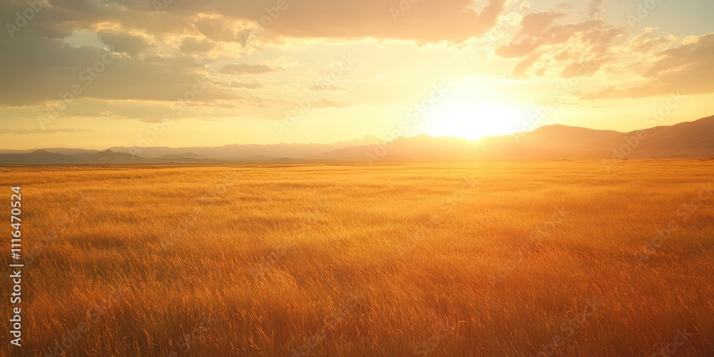 Fototapeta premium A wide-open field at sunset with the sun casting dramatic lens flare over the grass, perfect for text overlays.