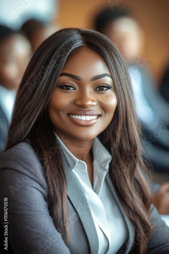 Smiling Black woman in a business suit exuding confidence and professionalism in a corporate setting.