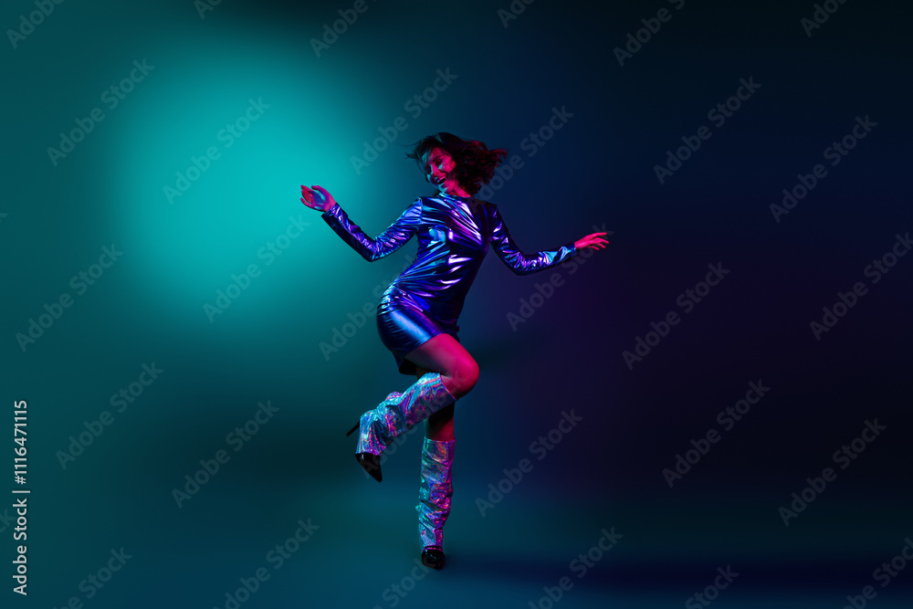Φωτογραφία Full size photo of gorgeous young woman rejoice dance wear shiny dress neon ligh