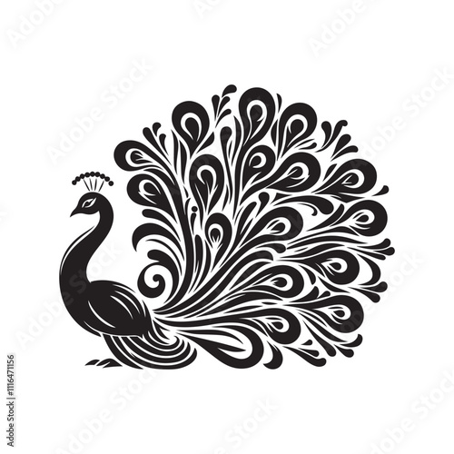 Peacock with its tail fanned out silhouette vector art black color design and solid white background 