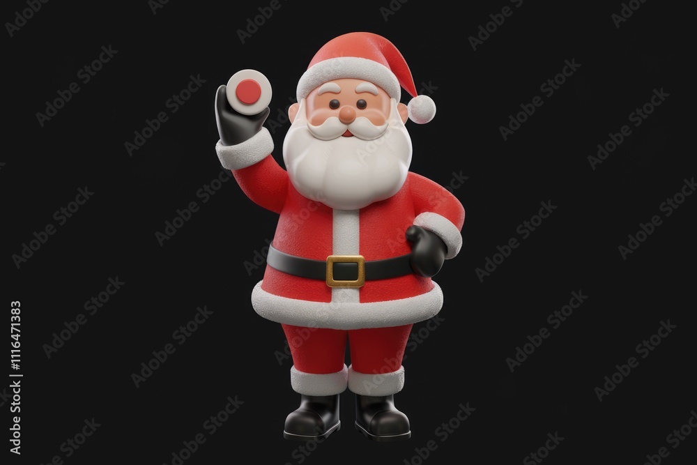 A cheerful 3D Santa Claus holds a round object possibly a button or gift. A cheerful 3D Santa Claus holds a round object possibly a button or gift.