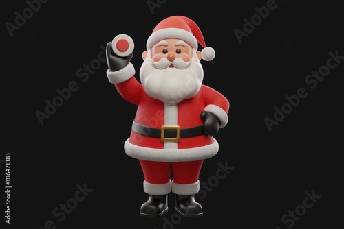 A cheerful 3D Santa Claus holds a round object possibly a button or gift.