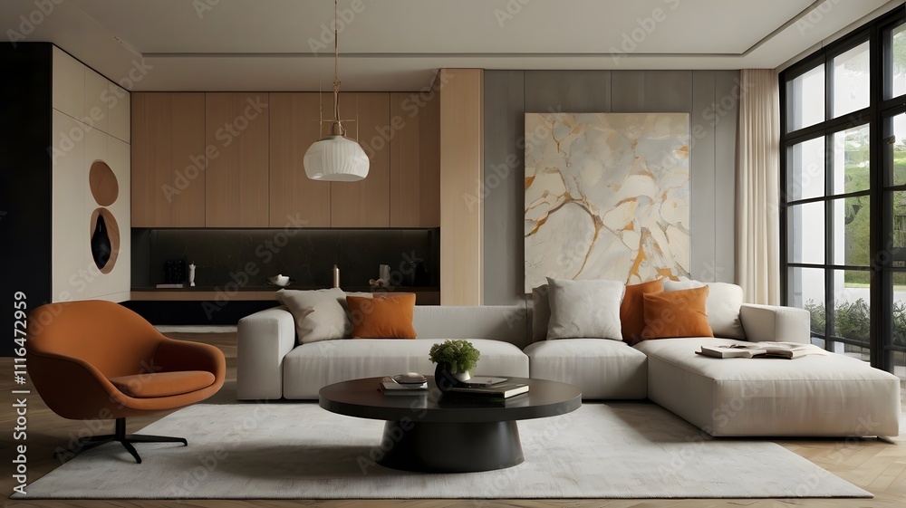 Fototapeta premium Elegant Home Lounge Featuring a Designer Table and Floor Lamp