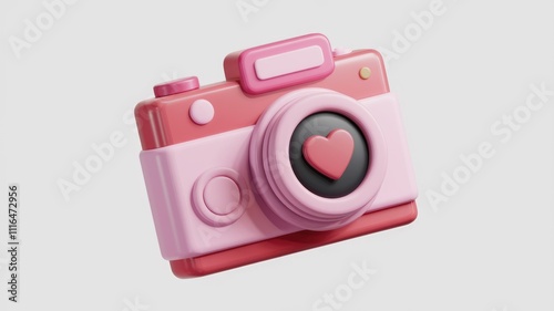 A cute pink and red 3D camera with a heart in the lens symbolizing love and photography.