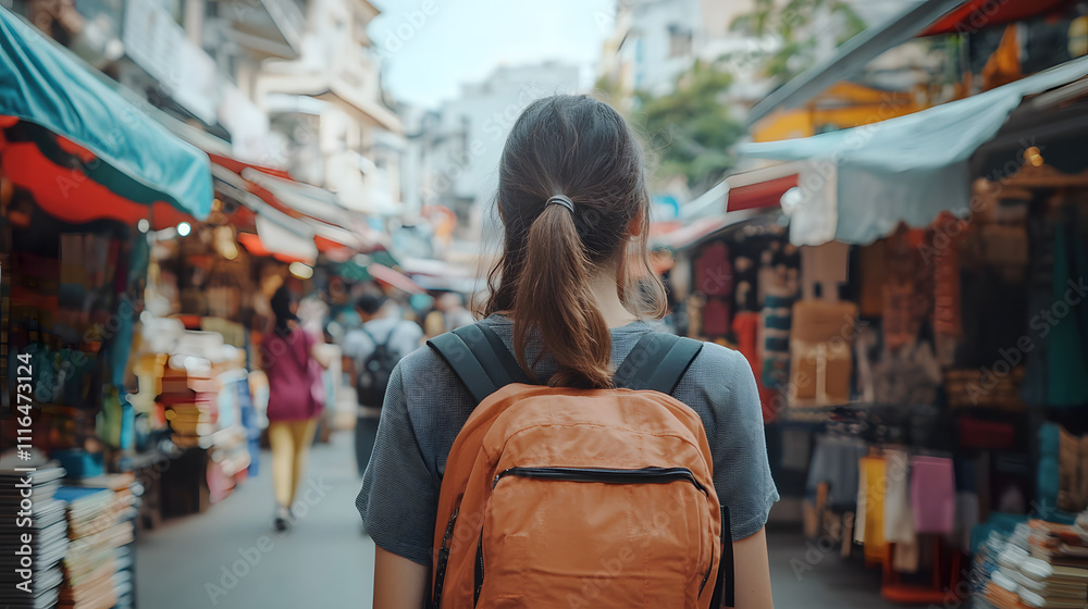 Obraz premium Woman with Backpack Exploring Asian Market