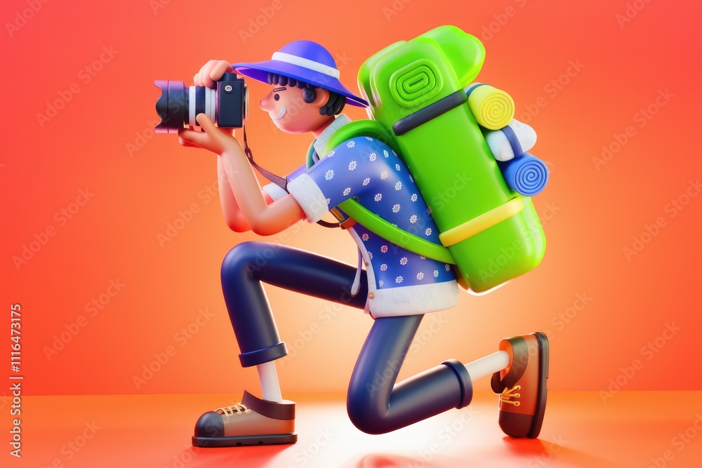 3D cartoon traveler taking scenic photo with backpack full. 3D cartoon traveler taking scenic photo with backpack full.