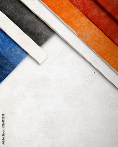Abstract geometric design with colorful stripes on textured background.