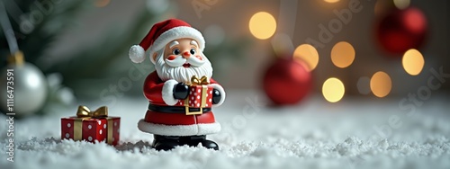 Santa Claus figurine with gifts on snowy surface