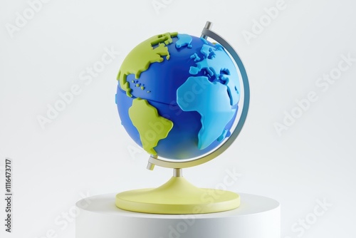 A stylized 3D model of a globe showcasing continents in vibrant blue and green hues.