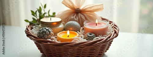Scented candles and decorations in wicker basket