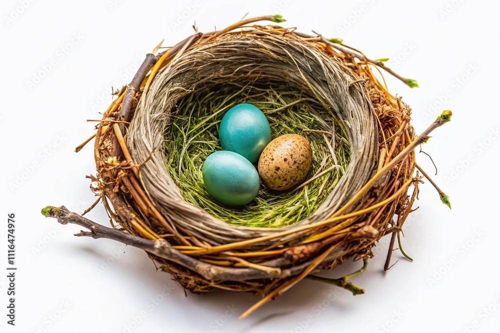Obraz premium A solitary bird's nest against a white backdrop showcases nature’s beauty, highlighting nesting habitats, wildlife conservation, and organic textures, emphasizing environmental awareness and ornitholo