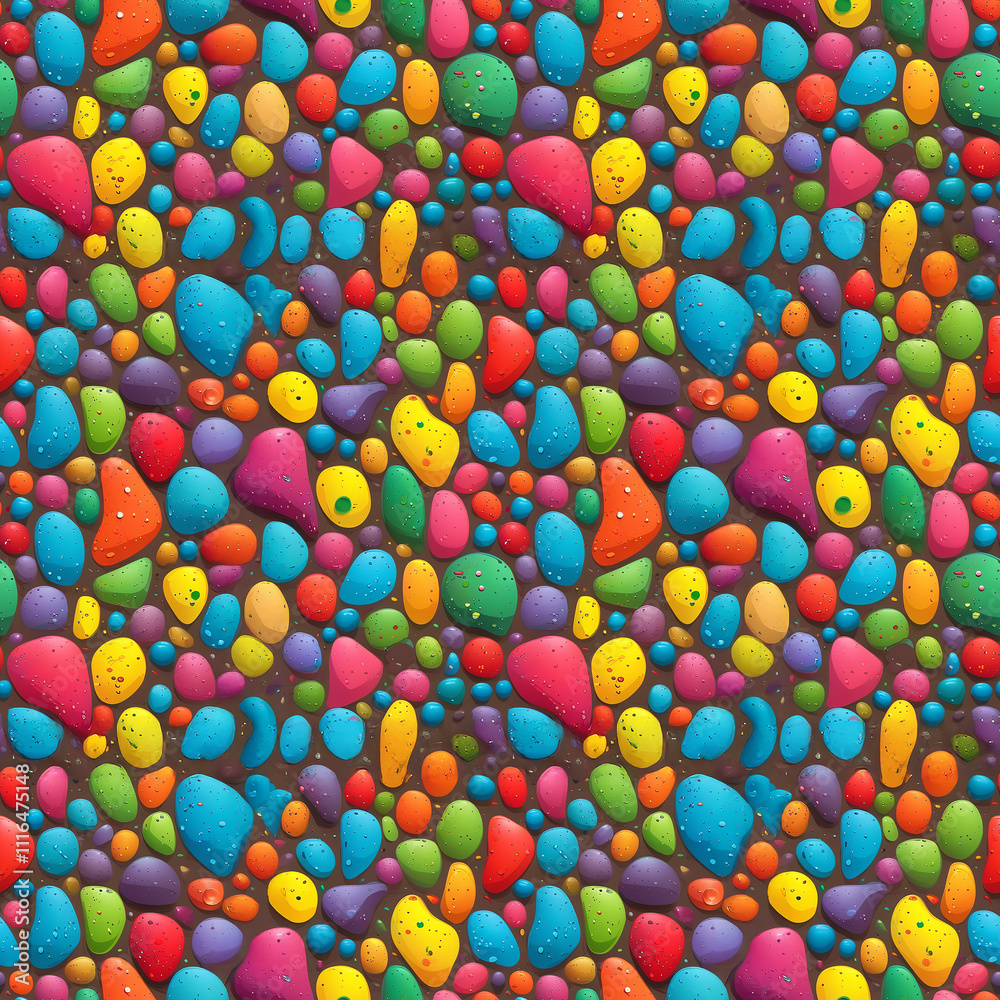 Fototapeta premium Colorful pebbles create a vibrant texture in an artistic pattern on a whimsical background