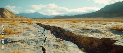 A cracked earth landscape extends under a bright sky, highlighting dryness and resilience, capturing a timeless, rugged beauty and wilderness. photo