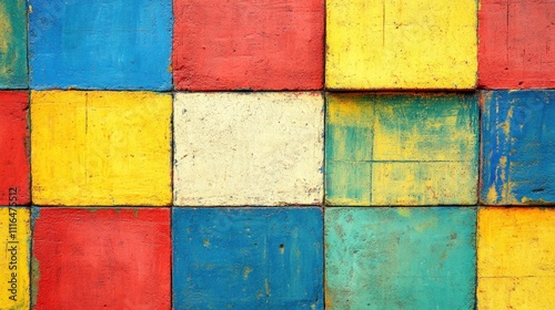 A colorful grid of painted squares in red, blue, yellow, and white, creating a vibrant pattern.