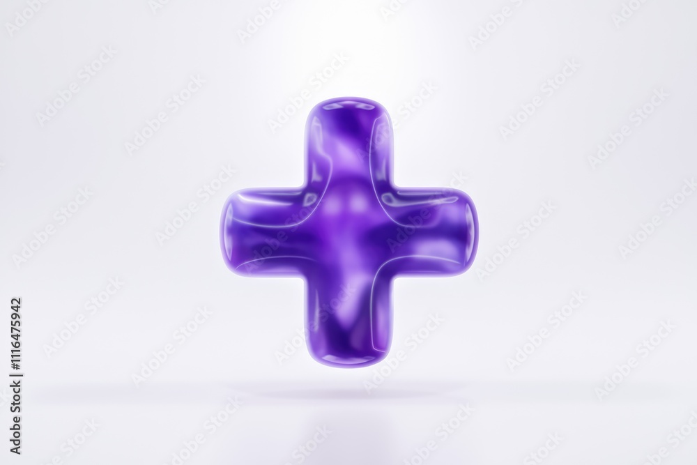 Obraz premium A glossy purple plus sign rendered in 3D against a white background.