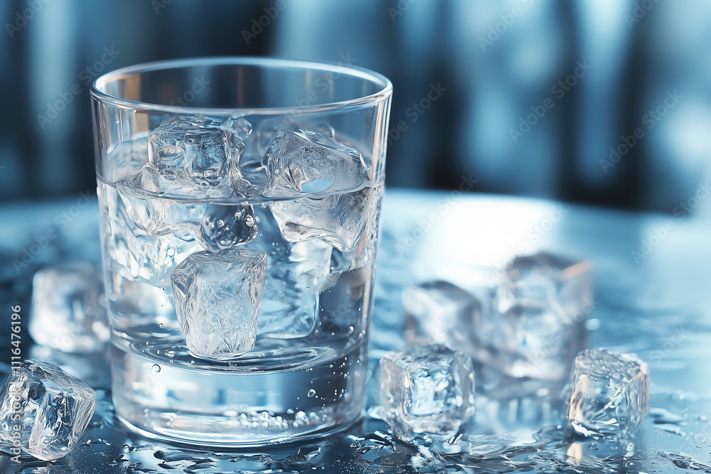 Glass of water with ice cubes.