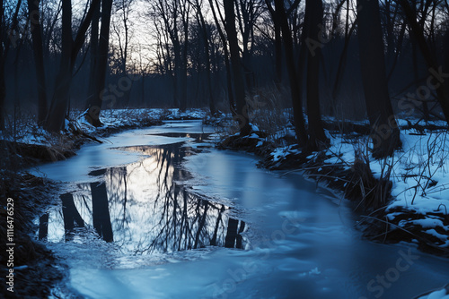 frozen river in snowy landscape