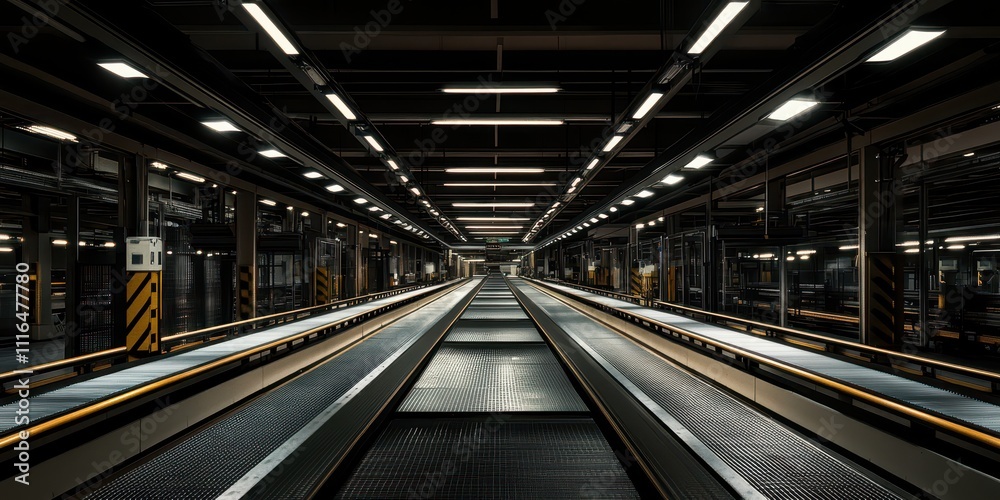 A factory assembly line with parts moving down a conveyor, each station assembling components with precision, captured with space for text. A factory assembly line with parts moving down a conveyor, each station assembling components with precision, captured with space for text.