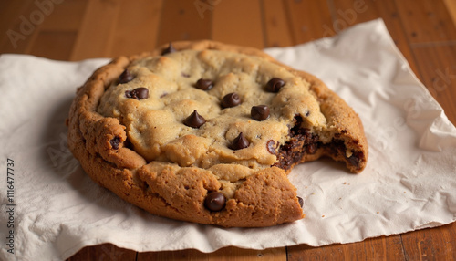 Delicious homemade chocolate chip cookie freshly baked on a wooden table