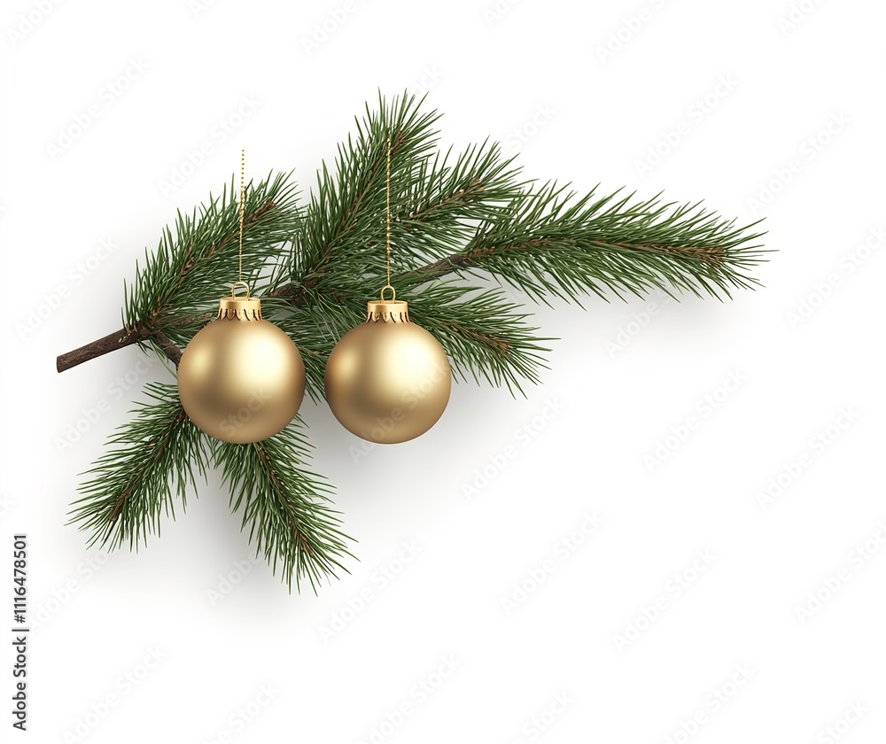 Fototapeta premium Christmas tree balls and green fir branch isolated on white background.