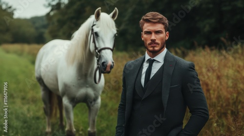 A sharply dressed man in a tailored suit and tie stands with confidence alongside a majestic white horse in a lush green field photo