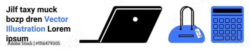 Laptop, handbag, and calculator icons in black and blue. Ideal for business, finance, shopping, fashion, technology office tasks and e-commerce. Landing page