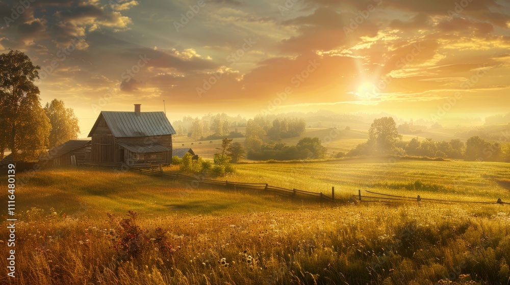 Fototapeta premium Nature Farm. Rural Landscape with Farmland Field and Forest at Sunrise