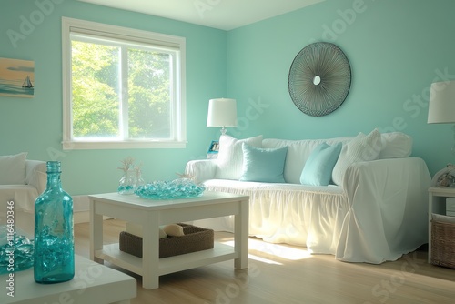 A modern beach house living room with light turquoise walls, white slipcovered furniture, and sea glass decor. photo