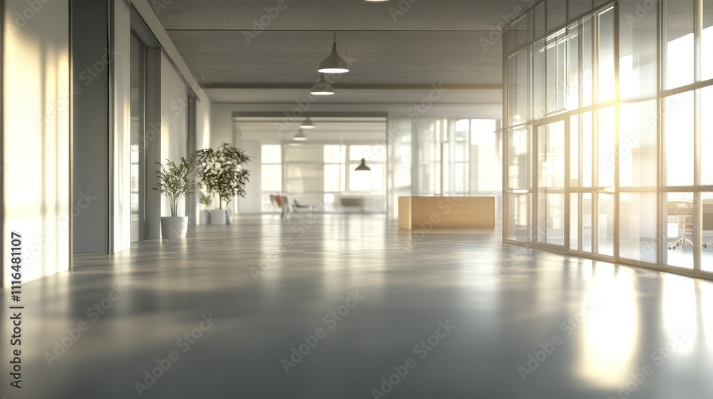 Fototapeta premium Sunlit modern office hallway with large windows and plants.