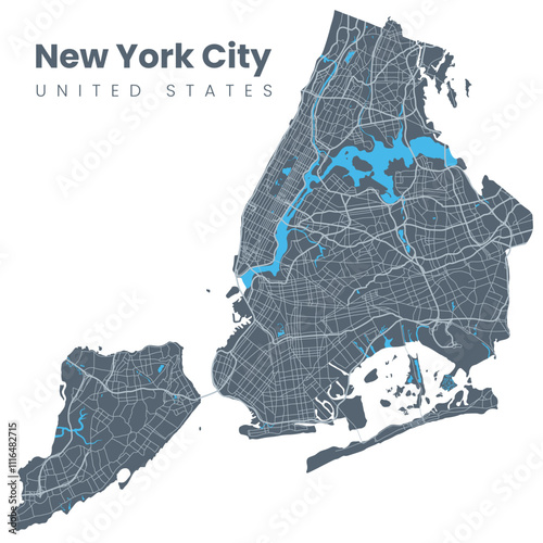 Urban New York City map. Map of NYC, USA borders. Vector fill version including streets. photo