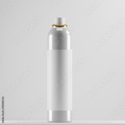 A tall, white aerosol can with a gold band at the top and a blank white label stands on a light gray background. Perfect mockup for showcasing deodorant, hairspray, or other sprayable product branding photo